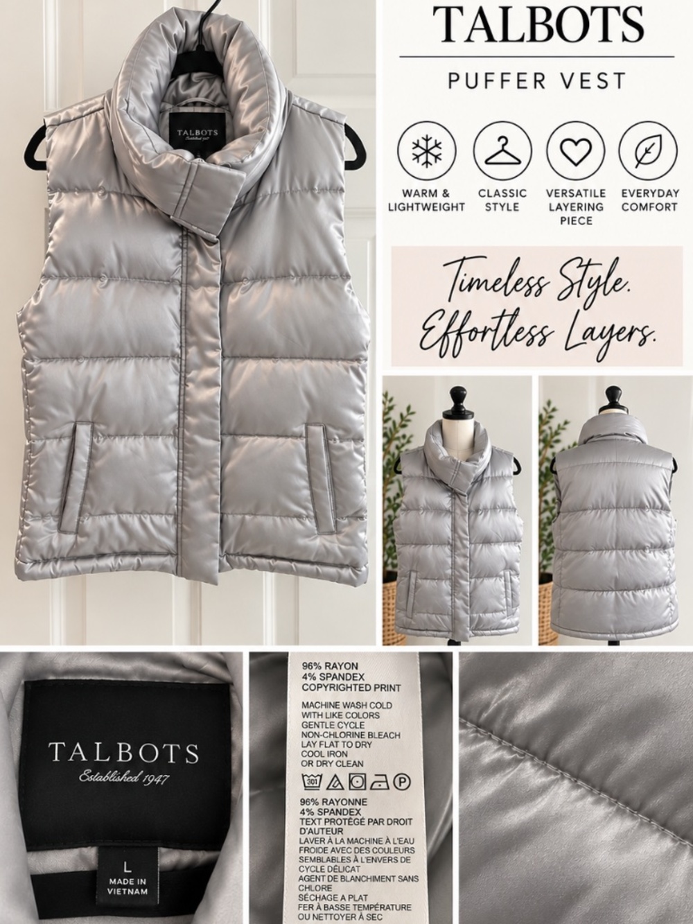 Talbots Silver Gray Quilted Puffer Vest High Collar Size L